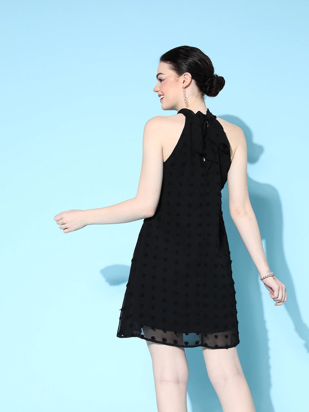 Folk Republic Women Solid Black Dobby Weave Halter Neck Tie-Up Back Georgette Flared A-Line Mini Dress - #folk republic#