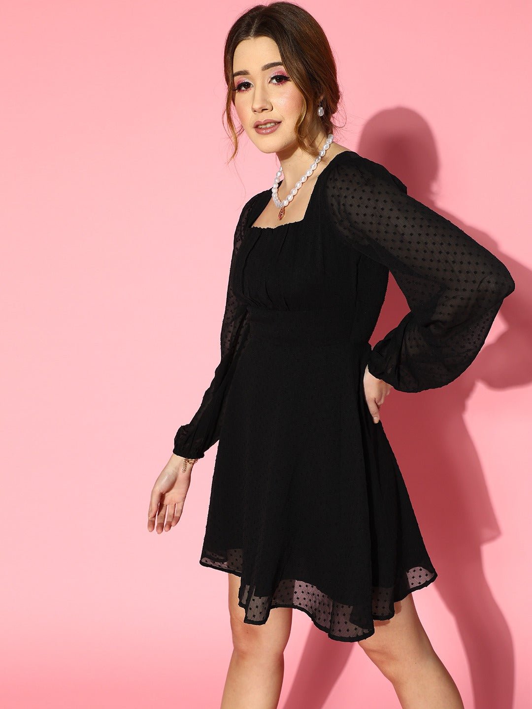 Folk Republic Women Solid Black Dobby Weave Square Neck Chiffon Pleated Fit & Flare Mini Dress - #folk republic#