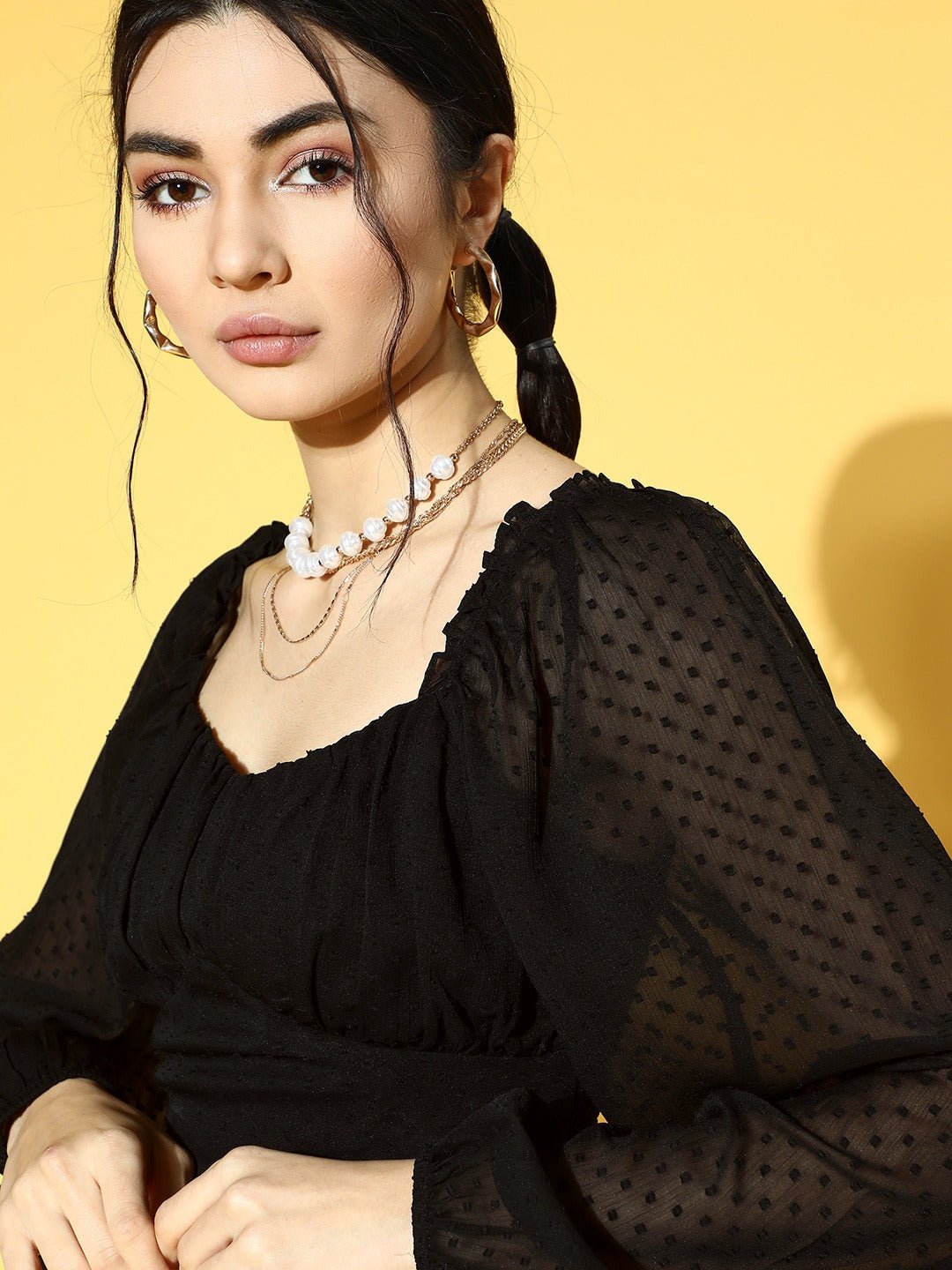 Folk Republic Women Solid Black Dobby Weave Sweetheart Neck Puff Sleeve Crepe Smocked Crop Top - #folk republic#