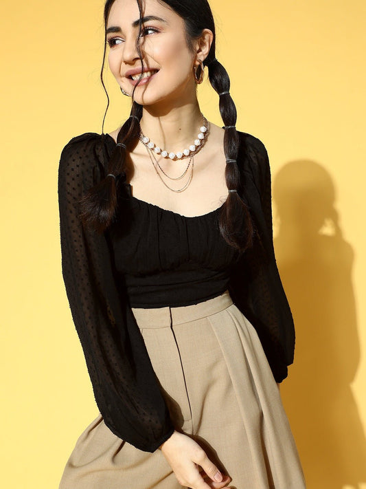 Folk Republic Women Solid Black Dobby Weave Sweetheart Neck Puff Sleeve Crepe Smocked Crop Top - #folk republic#