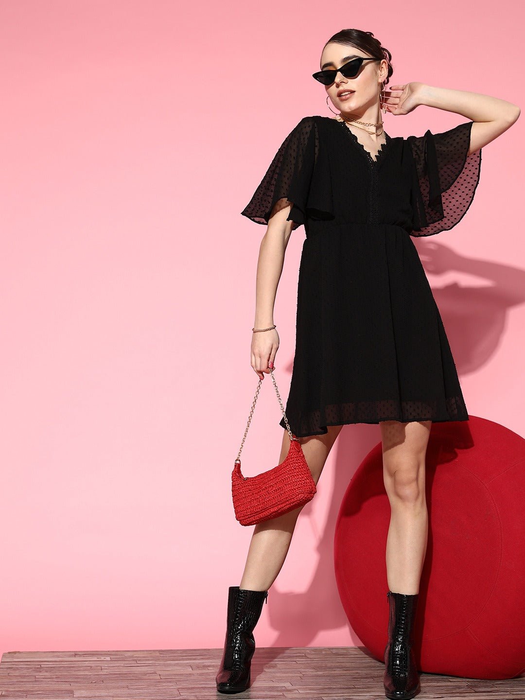 Folk Republic Women Solid Black Dobby Weave V-Neck Back Tie-Up Semi-Sheer Flared A-Line Mini Dress - #folk republic#