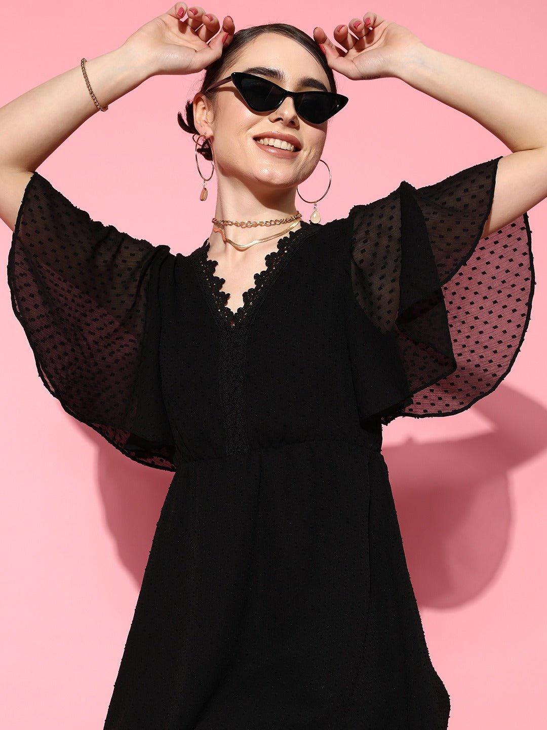Folk Republic Women Solid Black Dobby Weave V-Neck Back Tie-Up Semi-Sheer Flared A-Line Mini Dress - #folk republic#