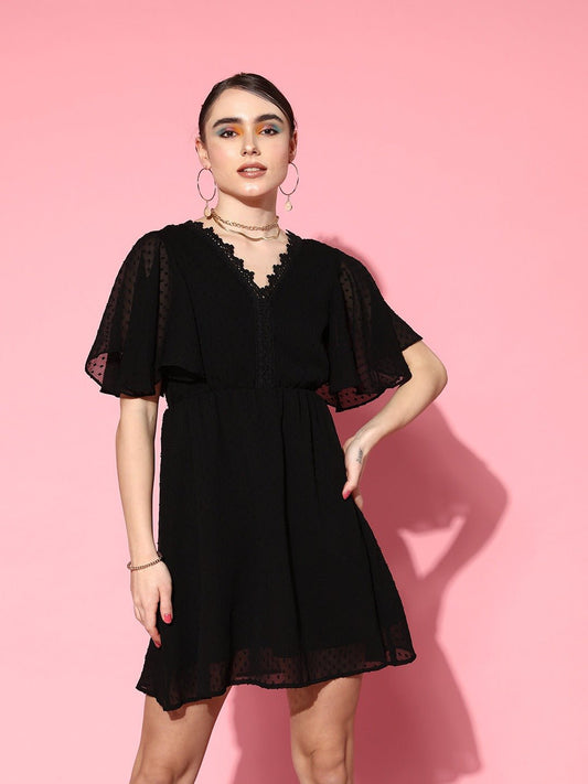 Folk Republic Women Solid Black Dobby Weave V-Neck Back Tie-Up Semi-Sheer Flared A-Line Mini Dress - #folk republic#