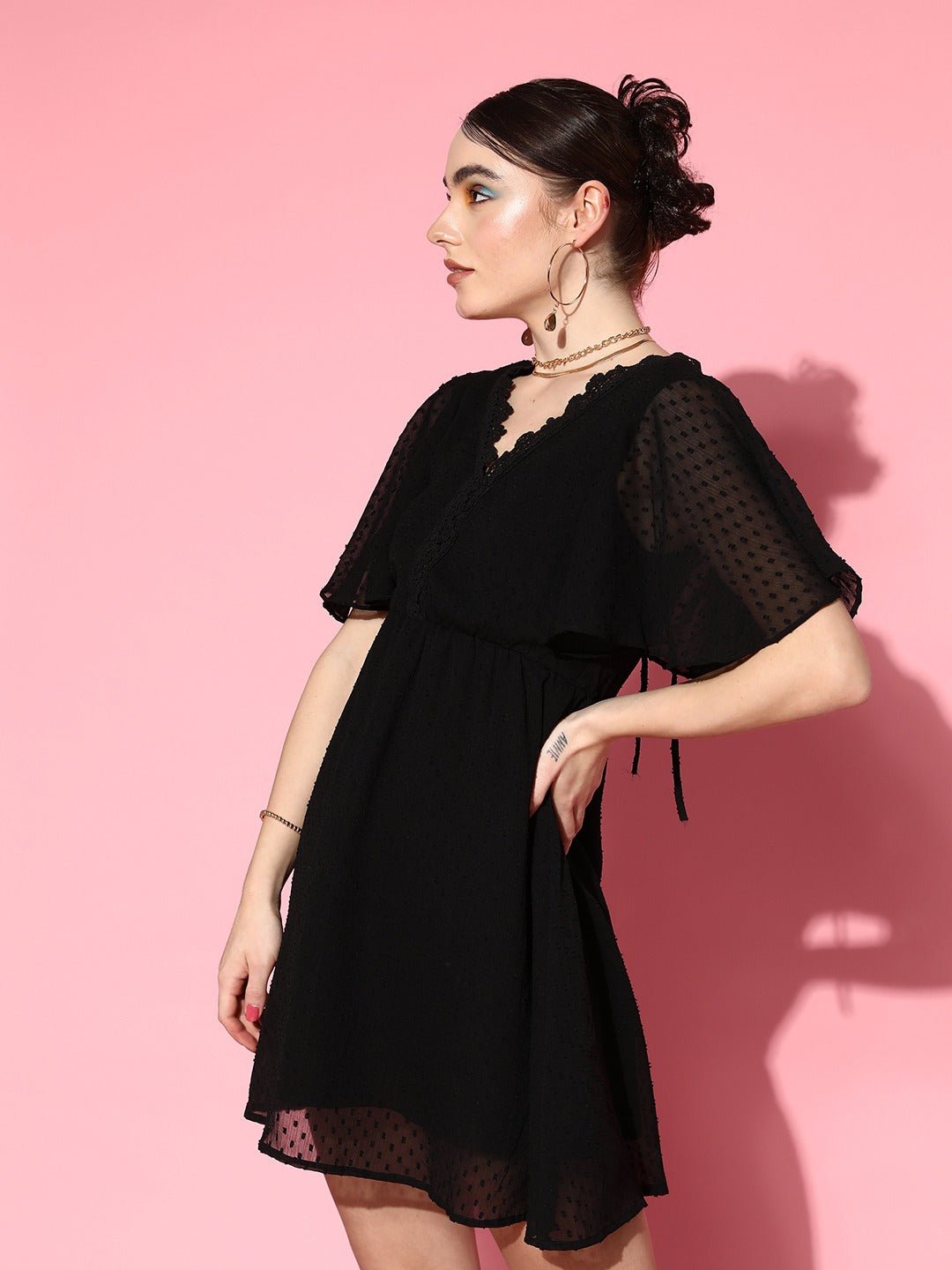 Folk Republic Women Solid Black Dobby Weave V-Neck Back Tie-Up Semi-Sheer Flared A-Line Mini Dress - #folk republic#