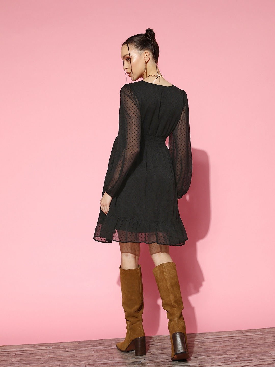 Folk Republic Women Solid Black Dobby Weave V-Neck Bishop Sleeves Chiffon Pleated Fit & Flare Mini Dress - #folk republic#