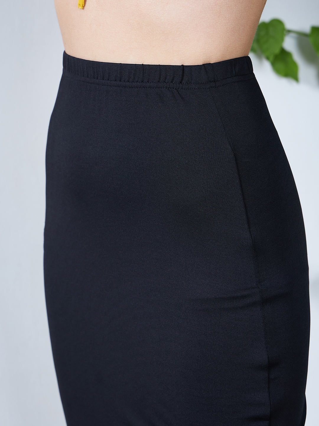 Folk Republic Women Solid Black Elastic Waist Slip-On Polyester Blend Straight Hem Pencil Midi Skirt - #folk republic#