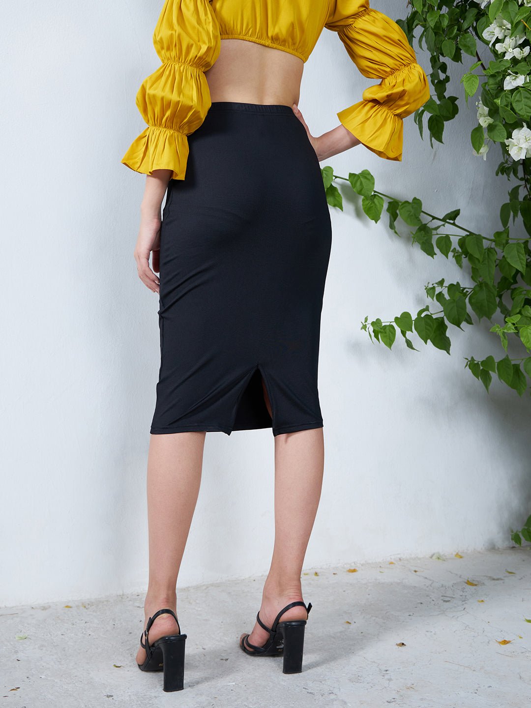 Folk Republic Women Solid Black Elastic Waist Slip-On Polyester Blend Straight Hem Pencil Midi Skirt - #folk republic#