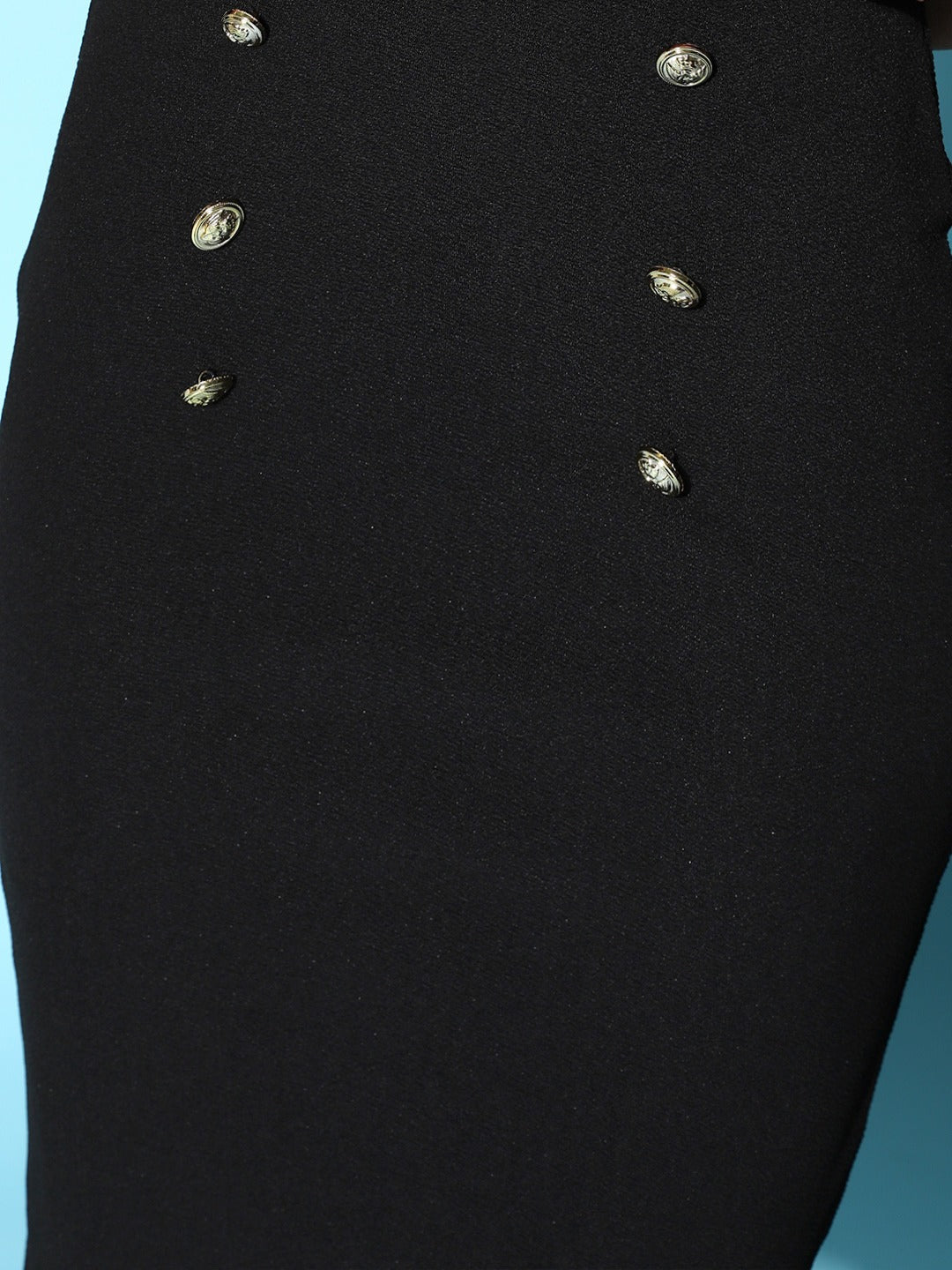 Folk Republic Women Solid Black Front Fancy Buttons High-Rise Waist Crepe Pencil Midi Skirt - #folk republic#