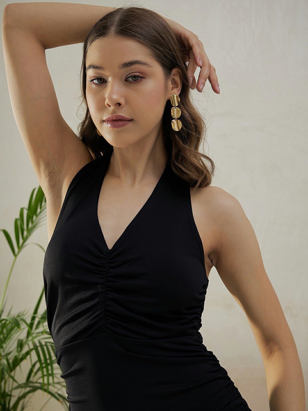 Folk Republic Women Solid Black Halter Neck Backless Straight Hem Ruched Bodycon Mini Dress - #folk republic#