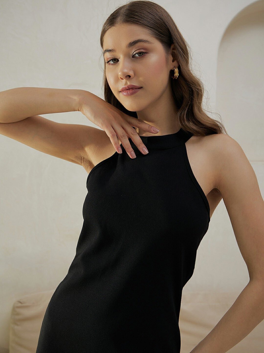 Folk Republic Women Solid Black Halter Neck Sleeveless Backless Straight Hem Knitted Sheath Mini Dress - #folk republic#