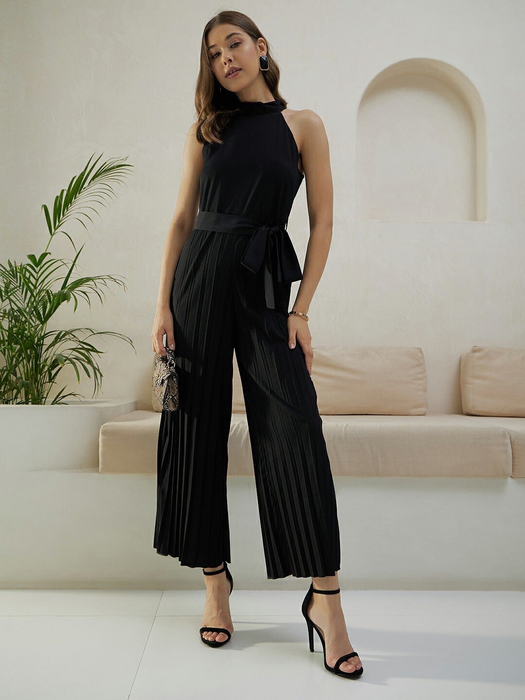Folk Republic Women Solid Black Halter Neck Sleeveless Waist Tie-Up Pleated Culotte Jumpsuit - #folk republic#