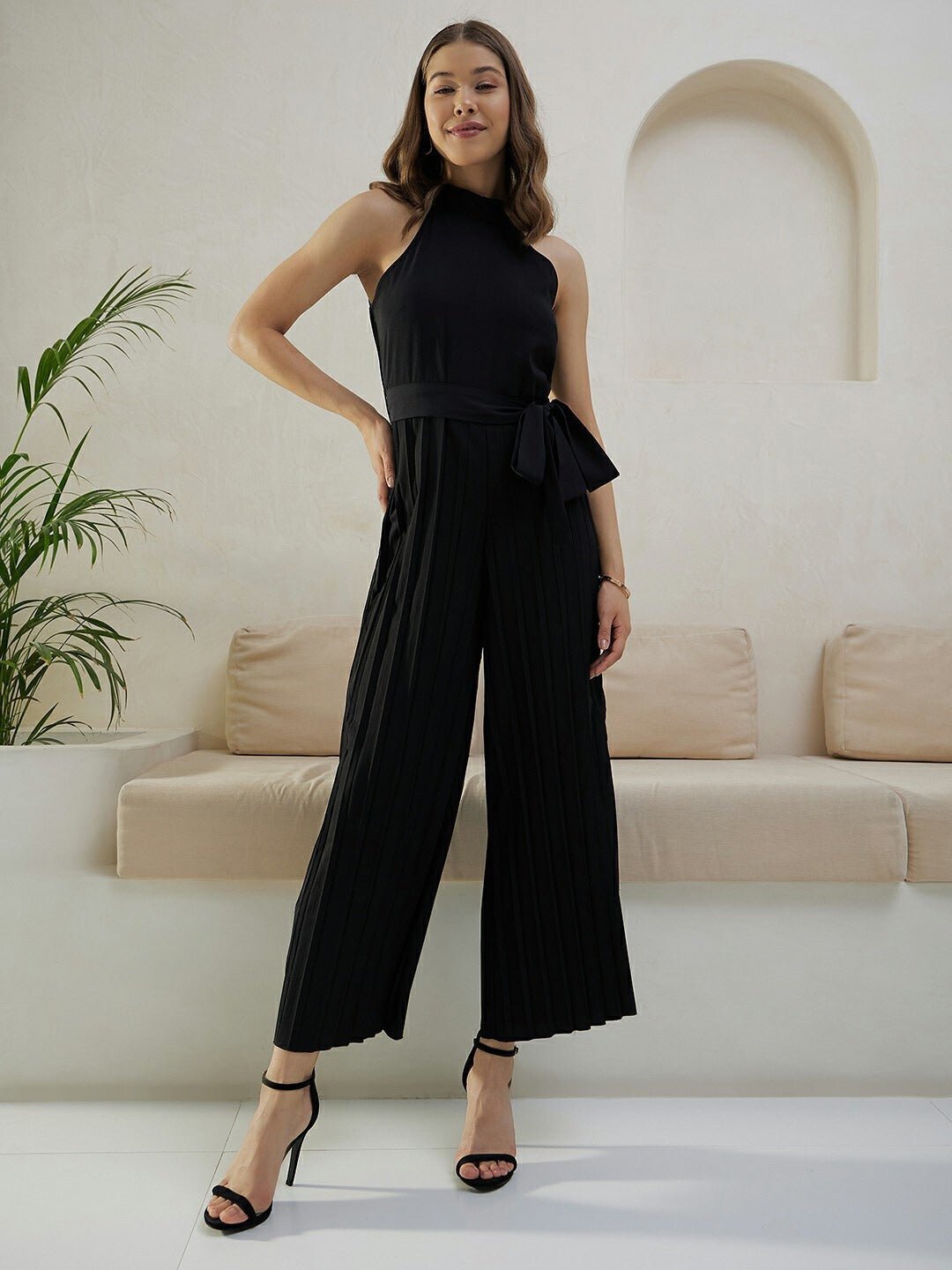 Folk Republic Women Solid Black Halter Neck Sleeveless Waist Tie-Up Pleated Culotte Jumpsuit - #folk republic#