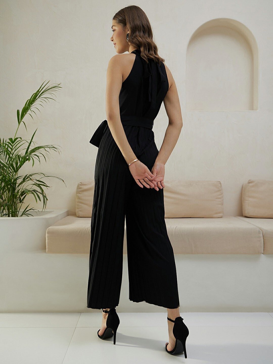 Folk Republic Women Solid Black Halter Neck Sleeveless Waist Tie-Up Pleated Culotte Jumpsuit - #folk republic#