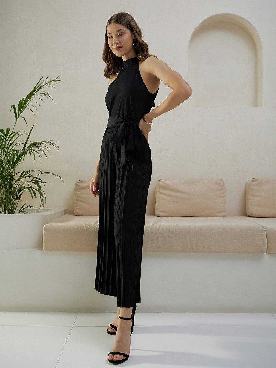 Folk Republic Women Solid Black Halter Neck Sleeveless Waist Tie-Up Pleated Culotte Jumpsuit - #folk republic#