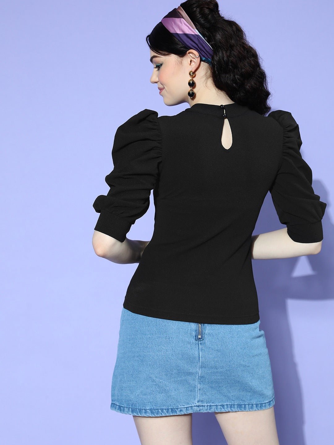 Folk Republic Women Solid Black High-Neck Three-Quarter Sleeve Pleated Crepe Regular Top - #folk republic#