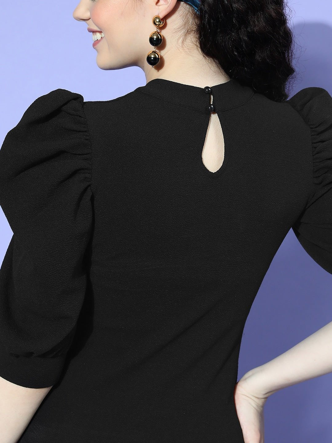 Folk Republic Women Solid Black High-Neck Three-Quarter Sleeve Pleated Crepe Regular Top - #folk republic#