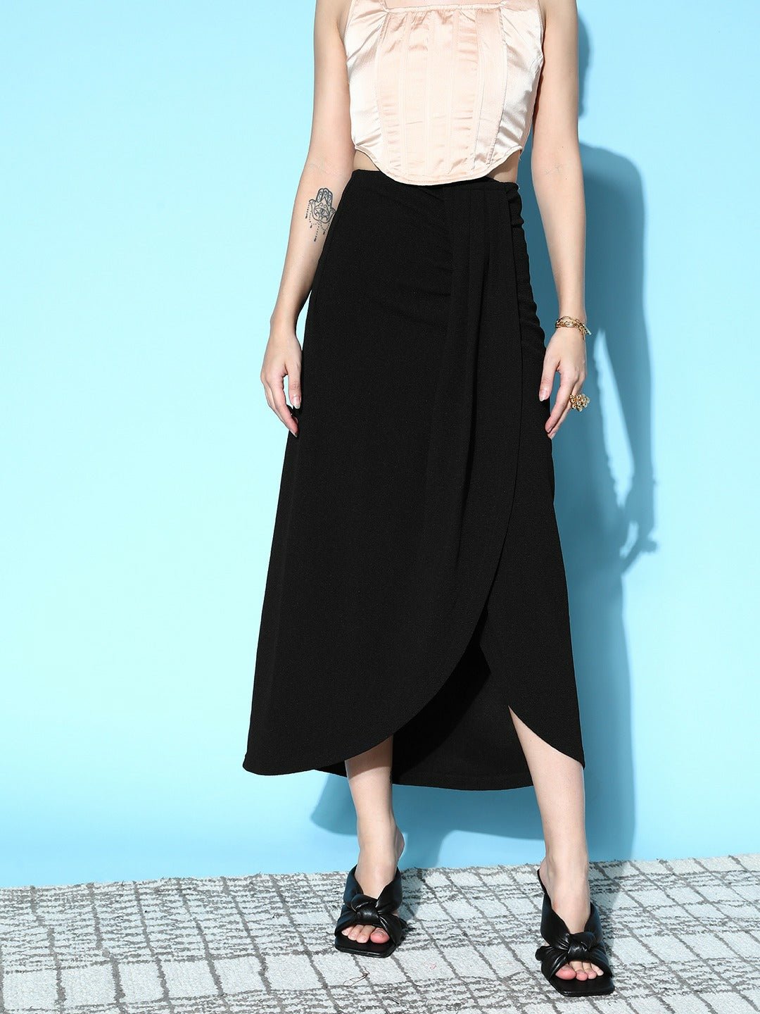 Folk Republic Women Solid Black High-Rise Waist Asymmetrical Hem Pleated Maxi Skirt - #folk republic#