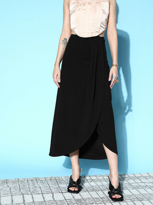 Folk Republic Women Solid Black High-Rise Waist Asymmetrical Hem Pleated Maxi Skirt - #folk republic#