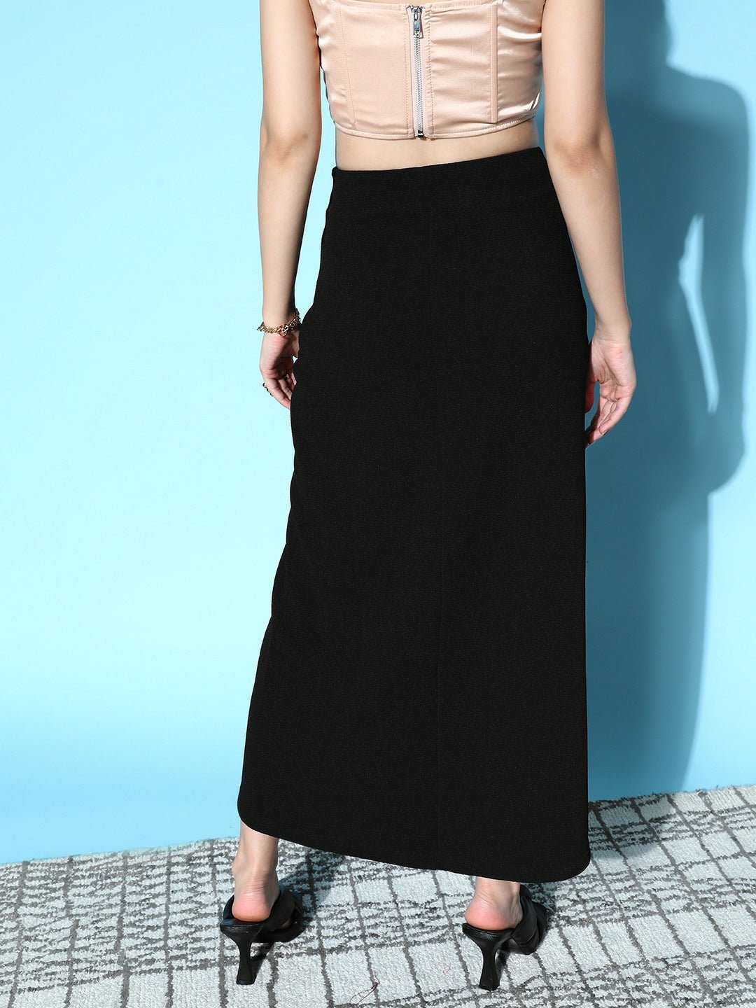 Folk Republic Women Solid Black High-Rise Waist Asymmetrical Hem Pleated Maxi Skirt - #folk republic#