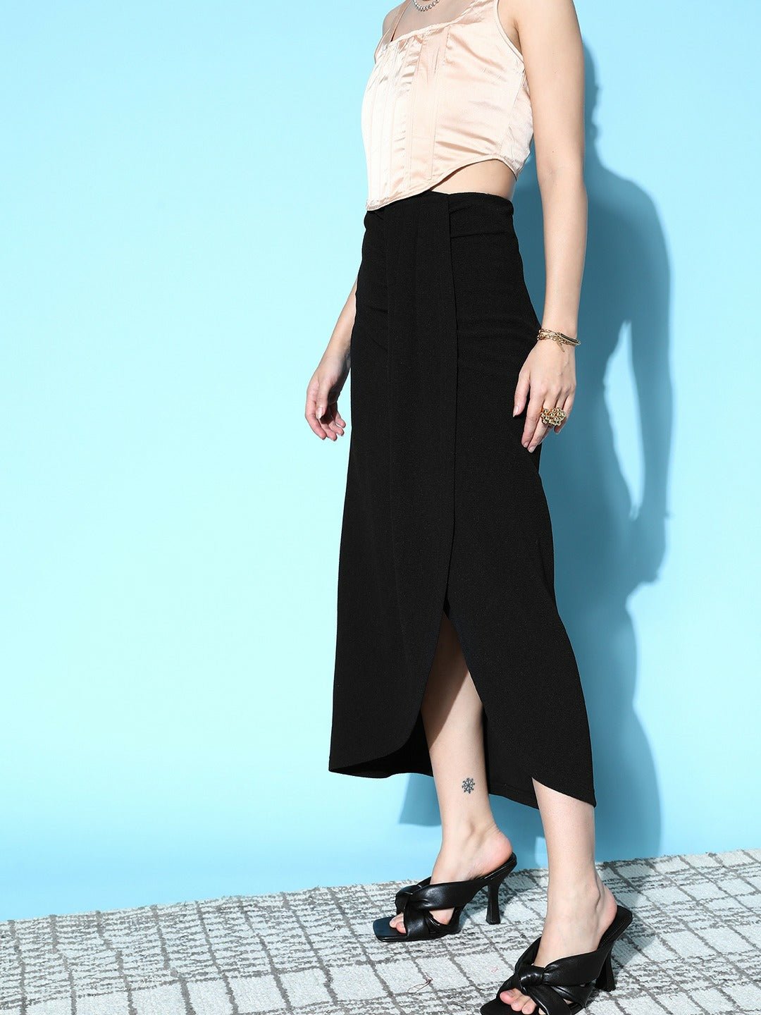 Folk Republic Women Solid Black High-Rise Waist Asymmetrical Hem Pleated Maxi Skirt - #folk republic#