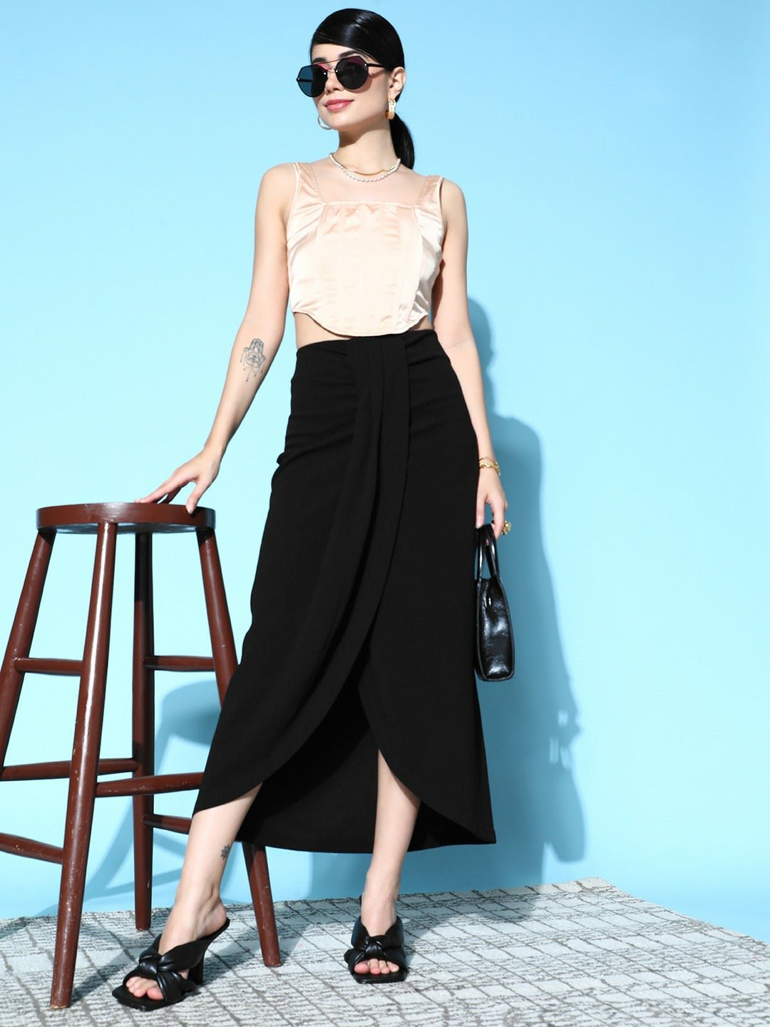 Folk Republic Women Solid Black High-Rise Waist Asymmetrical Hem Pleated Maxi Skirt - #folk republic#