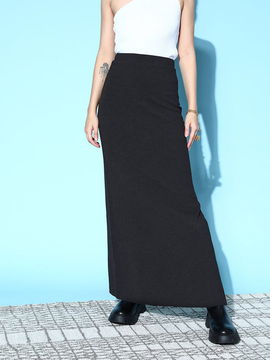 Folk Republic Women Solid Black High-Rise Waist Thigh-High Slit Straight Hem Knitted Maxi Skirt - #folk republic#