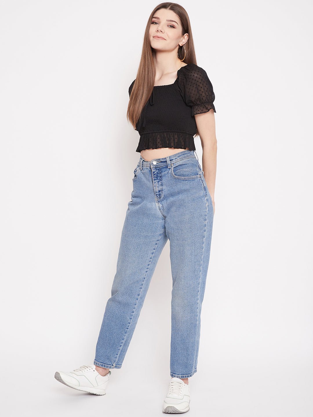Folk Republic Women Solid Black Lace Tie-Up Smocked Crop Top - #folk republic#