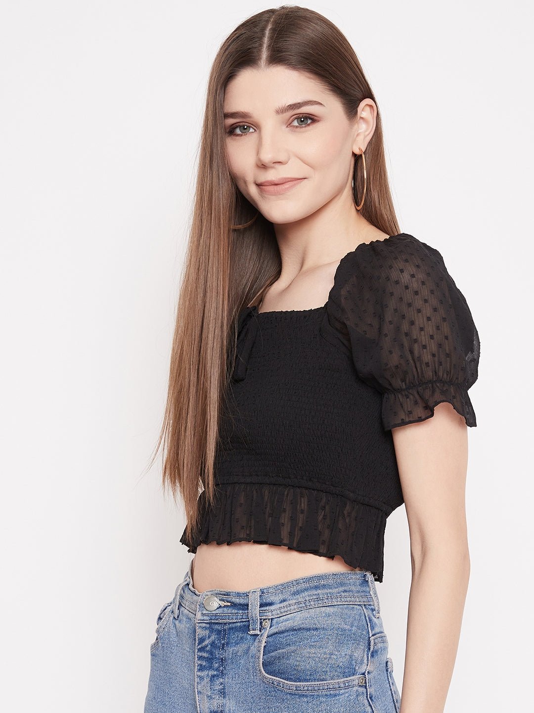 Folk Republic Women Solid Black Lace Tie-Up Smocked Crop Top - #folk republic#