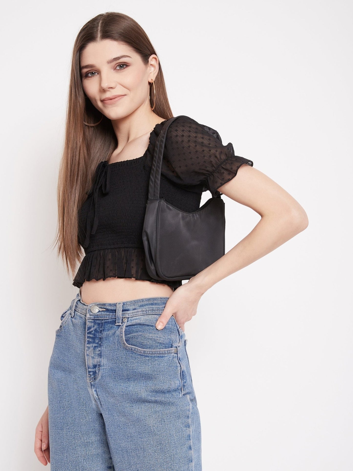 Folk Republic Women Solid Black Lace Tie-Up Smocked Crop Top - #folk republic#