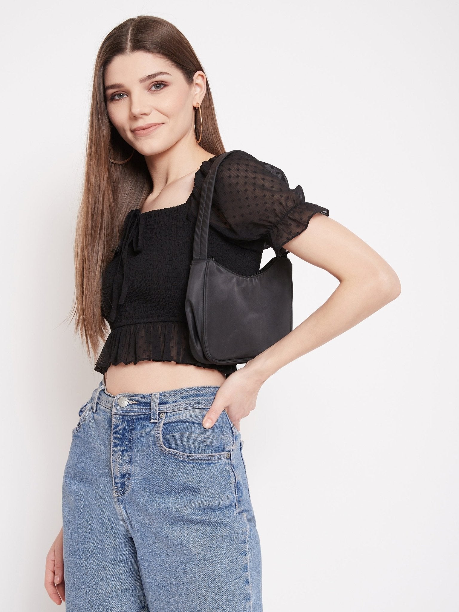 Folk Republic Women Solid Black Lace Tie-Up Smocked Crop Top - #folk republic#