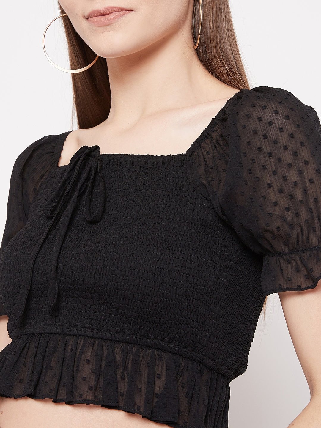 Folk Republic Women Solid Black Lace Tie-Up Smocked Crop Top - #folk republic#