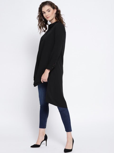 Folk Republic Women Solid Black Mandarin Collar Neck Button-Up High-Low Longline Top - #folk republic#