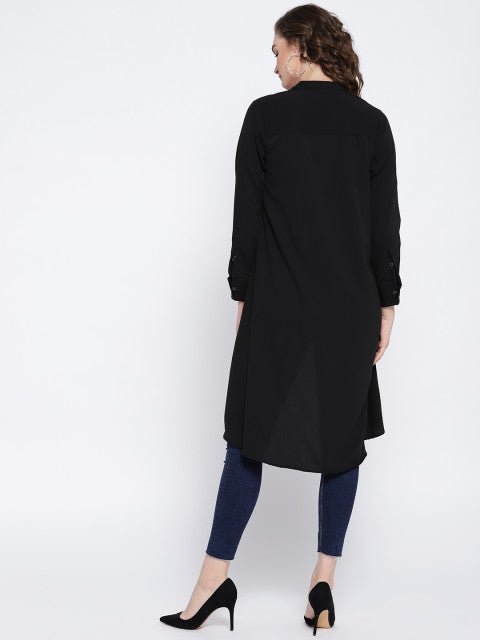 Folk Republic Women Solid Black Mandarin Collar Neck Button-Up High-Low Longline Top - #folk republic#