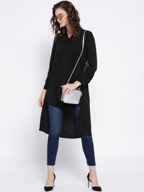 Folk Republic Women Solid Black Mandarin Collar Neck Button-Up High-Low Longline Top - #folk republic#