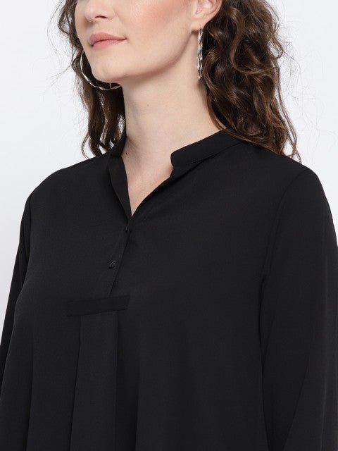 Folk Republic Women Solid Black Mandarin Collar Neck Button-Up High-Low Longline Top - #folk republic#