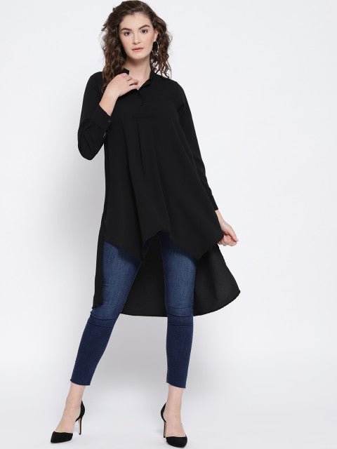 Folk Republic Women Solid Black Mandarin Collar Neck Button-Up High-Low Longline Top - #folk republic#
