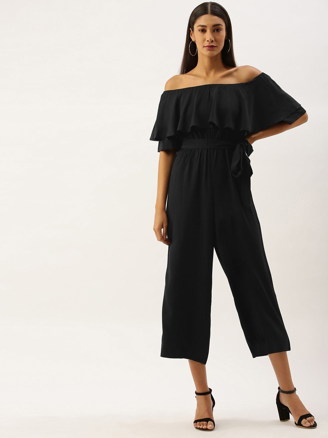 Folk Republic Women Solid Black Off Shoulder Culotte Jumpsuit - #folk republic#