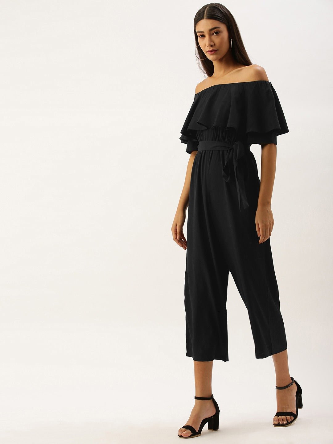 Folk Republic Women Solid Black Off Shoulder Culotte Jumpsuit - #folk republic#
