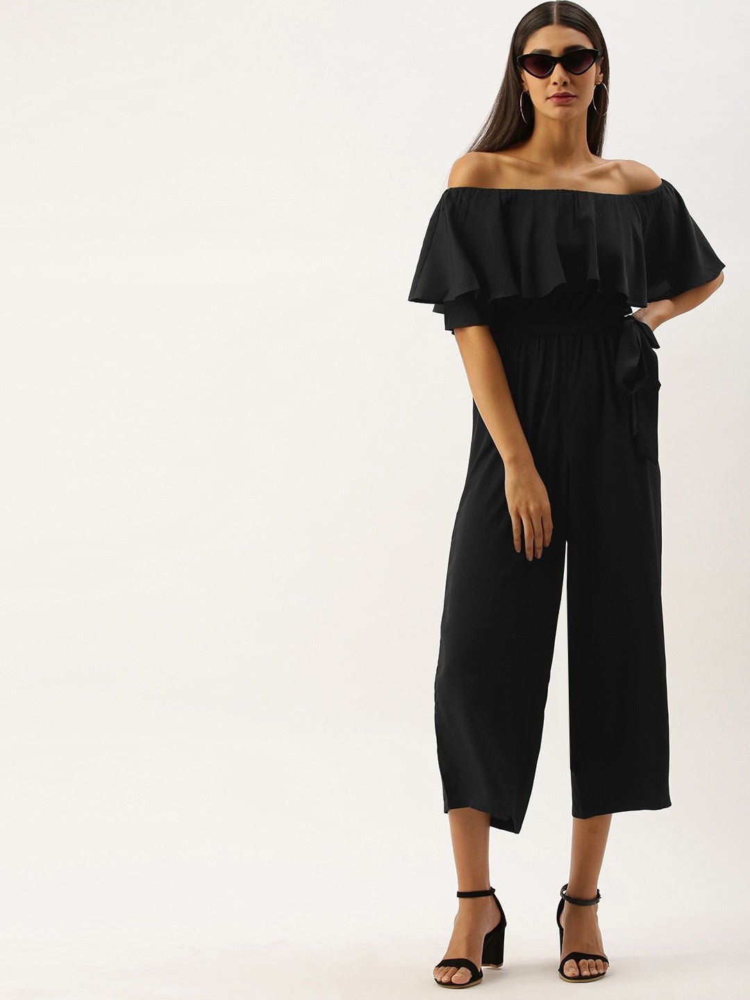 Folk Republic Women Solid Black Off Shoulder Culotte Jumpsuit - #folk republic#