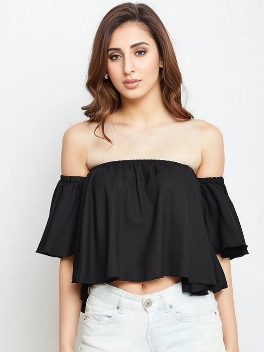 Folk Republic Women Solid Black Off-Shoulder Neck Ruffled Crop Bardot Top - #folk republic#