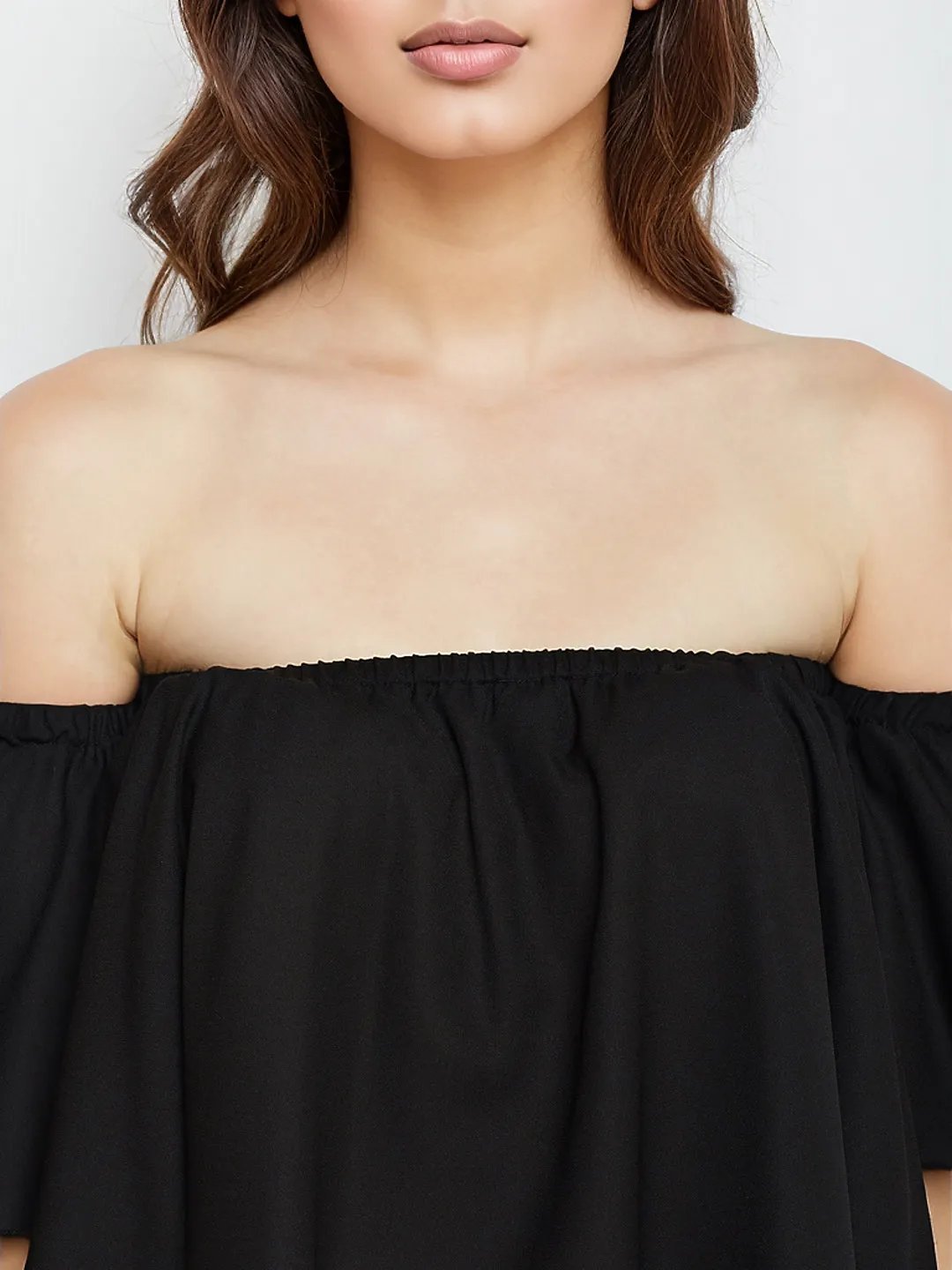 Folk Republic Women Solid Black Off-Shoulder Neck Ruffled Crop Bardot Top - #folk republic#