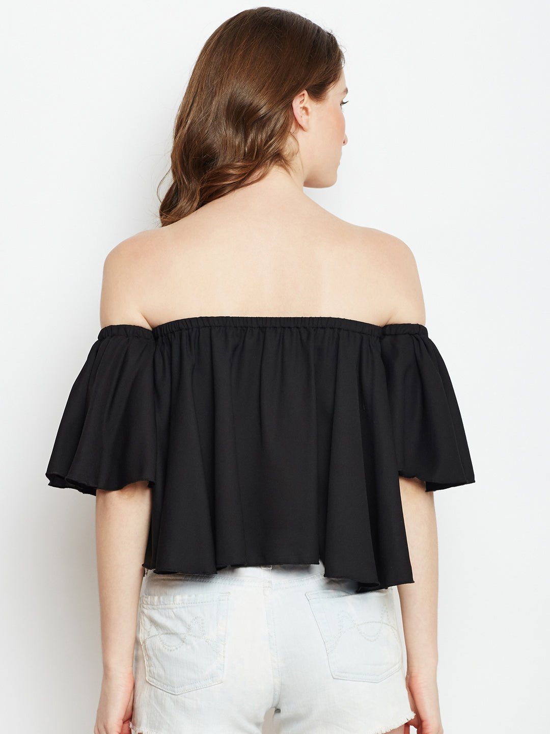Folk Republic Women Solid Black Off-Shoulder Neck Ruffled Crop Bardot Top - #folk republic#