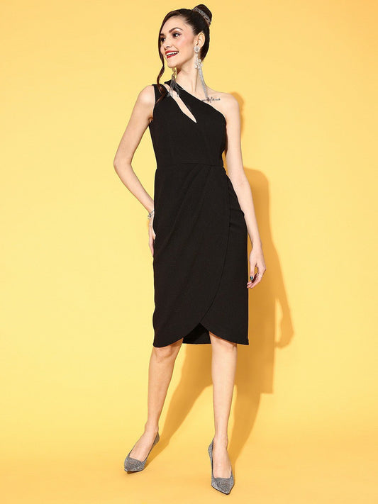 Folk Republic Women Solid Black One-Shoulder Neck Cutout Tulip Hem Sheath Midi Dress - #folk republic#