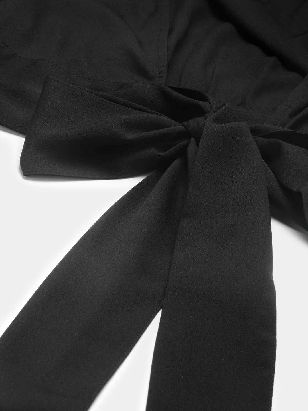 Folk Republic Women Solid Black Round-Neck Open-Back Ruffled Blouson Crop Top - #folk republic#