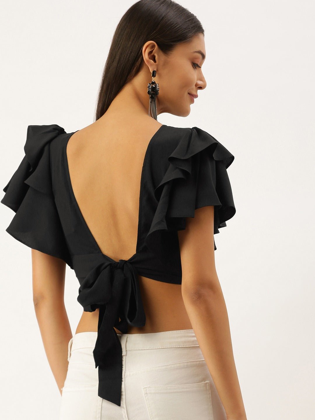 Folk Republic Women Solid Black Round-Neck Open-Back Ruffled Blouson Crop Top - #folk republic#