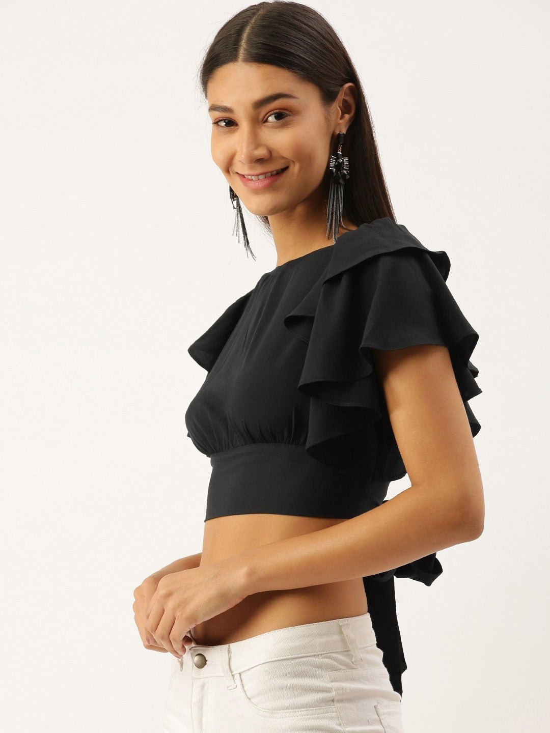 Folk Republic Women Solid Black Round-Neck Open-Back Ruffled Blouson Crop Top - #folk republic#