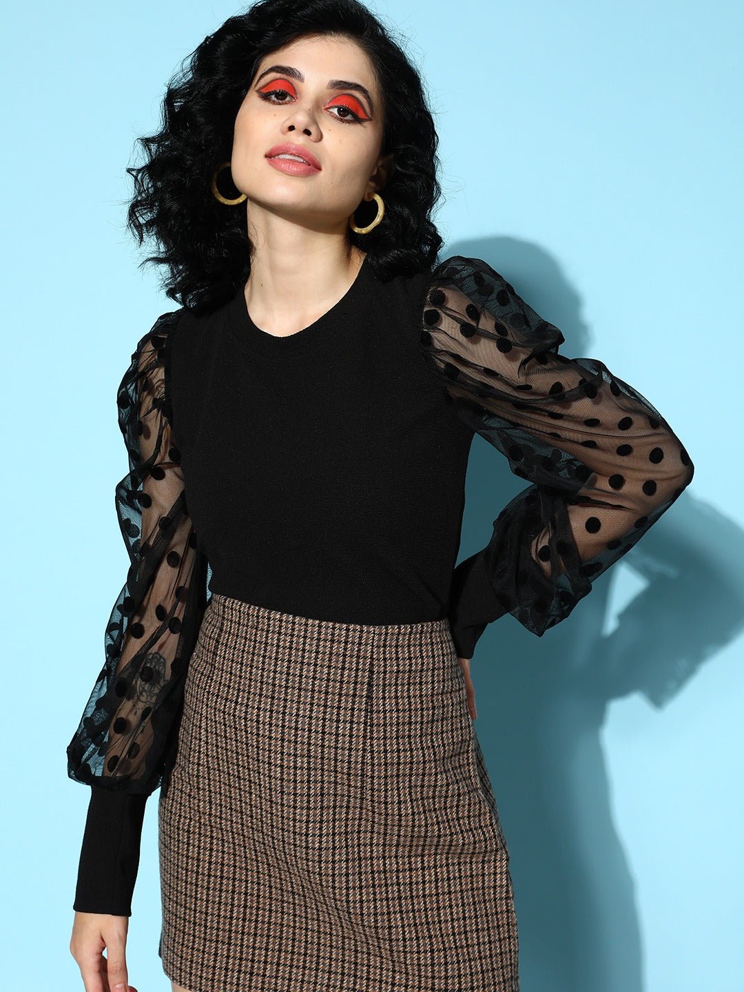 Folk Republic Women Solid Black Round Neck Polka Dot Bishop Sleeve Knitted Regular Top - #folk republic#