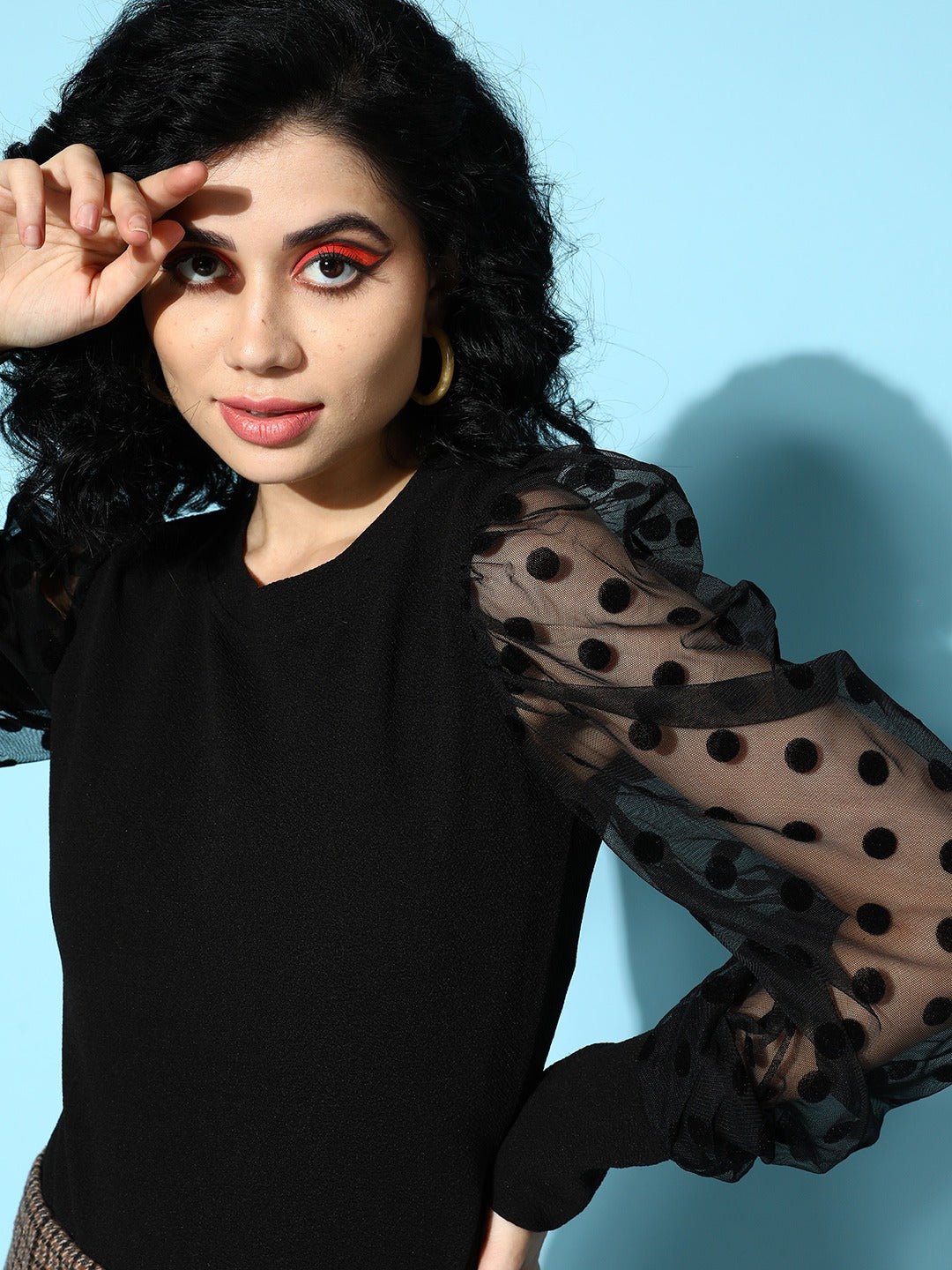 Folk Republic Women Solid Black Round Neck Polka Dot Bishop Sleeve Knitted Regular Top - #folk republic#