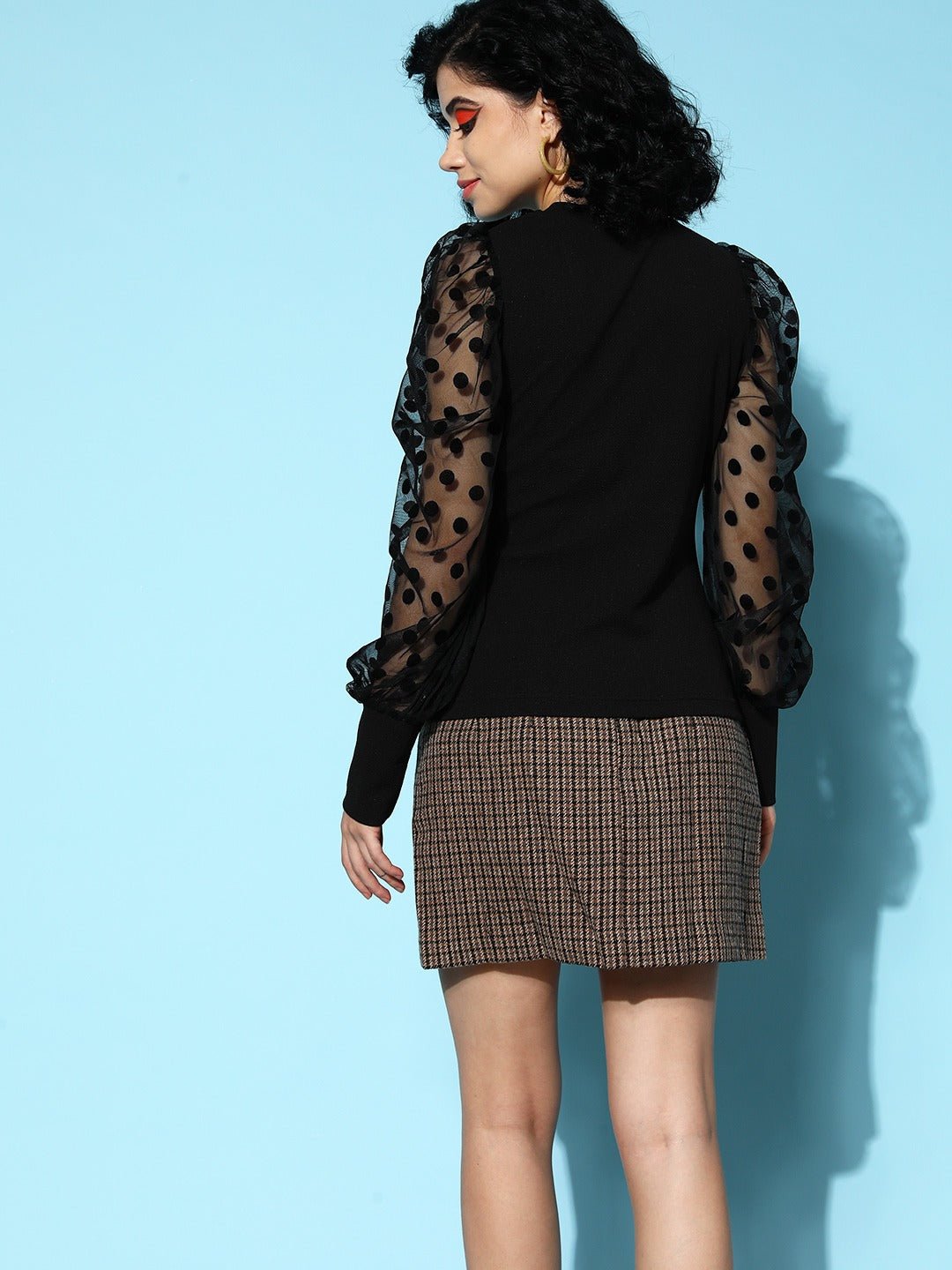 Folk Republic Women Solid Black Round Neck Polka Dot Bishop Sleeve Knitted Regular Top - #folk republic#