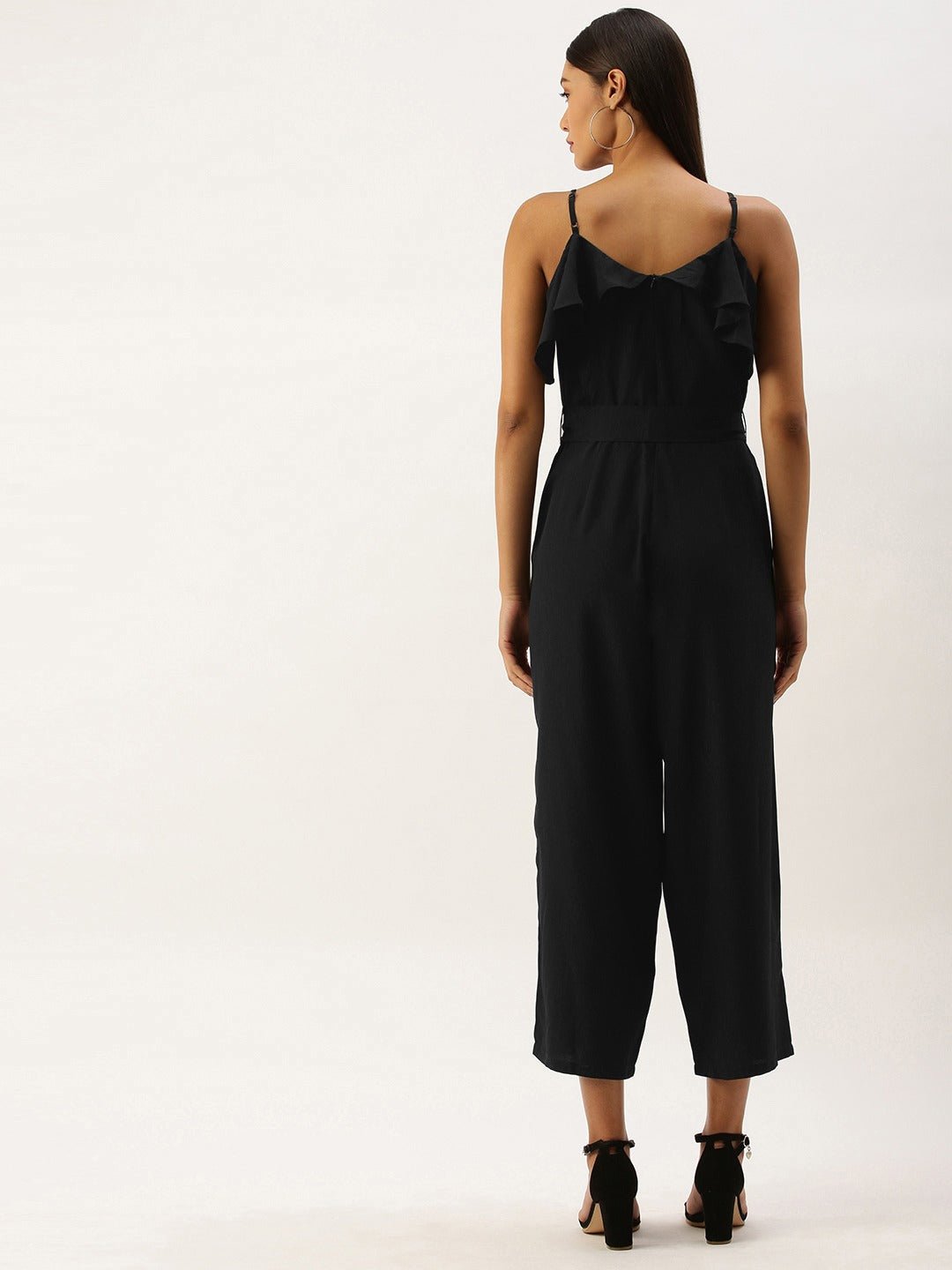 Folk Republic Women Solid Black Sleeveless Ruffled Jumpsuit - #folk republic#